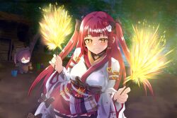  666girimekara absurdres black_bow bow closed_mouth hair_bow hakama heterochromia highres hololive houshou_kumarine houshou_marine houshou_marine_(11th_costume) japanese_clothes kimono long_hair looking_at_viewer official_alternate_costume red_eyes red_hakama smile solo twintails very_long_hair virtual_youtuber white_kimono yellow_eyes 