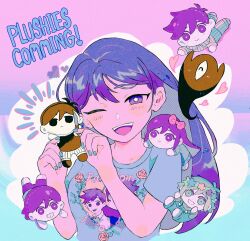  1girl aubrey_(headspace)_(omori) aubrey_(omori) basil_(headspace)_(omori) basil_(omori) blue_nails blue_shirt bright_pupils character_doll commentary doll double-parted_bangs hair_between_eyes heart hero_(headspace)_(omori) hero_(omori) highres holding holding_stuffed_toy kel_(headspace)_(omori) kel_(omori) long_hair mari_(headspace)_(omori) mari_(omori) milkymilkyshark omori omori_(omori) one_eye_closed open_mouth purple_hair shirt short_sleeves solo something_(omori) stuffed_toy t-shirt teeth tongue typo upper_body upper_teeth_only violet_eyes white_pupils 