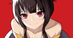  1girl bare_shoulders black_hair blunt_bangs blush close-up closed_mouth collarbone commentary double-parted_bangs eyebrows_hidden_by_hair highres kono_subarashii_sekai_ni_shukufuku_wo! looking_at_viewer lyourika megumin red_background red_eyes ringed_eyes short_hair_with_long_locks sidelighting simple_background smile solo straight-on upturned_eyes 