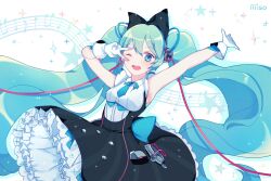  1girl aqua_eyes aqua_hair aqua_necktie arm_up armpits black_bow blush bow breasts cable collared_shirt commentary_request dress framed_breasts gloves hair_bow hatsune_miku headphones long_hair looking_at_viewer magical_mirai_(vocaloid) magical_mirai_miku magical_mirai_miku_(2016) medium_breasts musical_note musical_staff necktie official_alternate_costume official_alternate_hairstyle one_eye_closed open_mouth paraffin shirt sleeveless sleeveless_dress solo teeth twintails upper_teeth_only v very_long_hair vocaloid white_background white_gloves white_shirt 