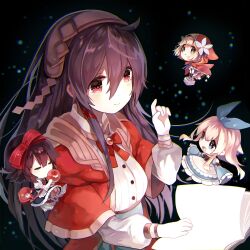  4girls alice_(grimms_notes) alice_(repage)_(grimms_notes) animal_ear_hood apple apron az_9649 basket black_background black_gloves blonde_hair blue_dress blue_eyes book breasts brown_hair brown_thighhighs chibi cloak closed_eyes closed_mouth dress elena_wyllt_(grimms_notes) floating food fruit game_cg gloves green_eyes grimms_notes hair_between_eyes hair_ornament hair_ribbon highres holding holding_basket holding_book holding_food holding_fruit hood hooded_cloak light_particles long_hair long_sleeves mini_person minigirl multiple_girls neck_ribbon open_book puffy_long_sleeves puffy_sleeves purple_ribbon red_cloak red_eyes red_hood red_ribbon red_riding_hood_(grimms_notes) red_riding_hood_(repage)_(grimms_notes) ribbon shirt short_hair sidelocks smile snow_white_(grimms_notes) snow_white_(repage)_(grimms_notes) thigh-highs upper_body white_apron white_shirt x_hair_ornament 