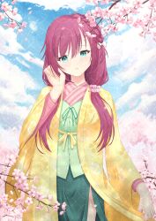  1girl 3344353956 absurdres aqua_eyes blush bow braid cherry_blossom_print cherry_blossoms chinese_commentary commentary_request commission cowboy_shot day falling_petals floral_print floral_print_kimono flower green_ribbon green_shirt green_skirt hair_between_eyes hair_bow hair_ornament hair_scrunchie hand_up highres japanese_clothes kimono layered_kimono long_hair looking_at_viewer low_twintails maniwa_roka motion_blur open_clothes open_kimono outdoors parted_lips petals pink_flower pink_scrunchie print_kimono red_kimono ribbon scrunchie senren_banka shirt side_braid skirt solo spring_(season) star_(symbol) star_in_eye striped_clothes striped_kimono symbol_in_eye tsurime twintails watermark white_bow yellow_kimono 