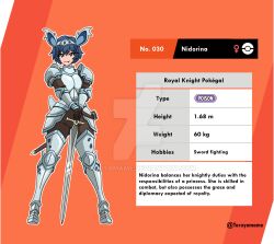  1girl animal_ears armor artist_name blue_hair character_name character_profile cuirass deviantart_logo deviantart_username english_text fang fang_out faulds full_body gauntlets greaves height highres holding holding_sword holding_weapon looking_at_viewer nidorina orange_background pauldrons personification planted planted_sword pokedex_number pokemon poleyn princess red_eyes sabaton shoulder_armor smile solo sword tail taruyamame tiara venus_symbol weapon weight 