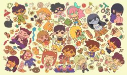  6+boys 6+girls absurdres angel_(omori) arrow_(symbol) aubrey_(faraway)_(omori) aubrey_(omori) baguette ball bandaid baseball_bat basil_(faraway)_(omori) basil_(omori) basketball_(object) bee bicycle big_yellow_cat_(omori) black_skirt black_sweater_vest blonde_hair blue_eyes blue_hair blue_hairband blue_hoodie blue_shirt blunt_bangs bouquet bow_(music) bow_hairband bowen_(omori) bread bright_pupils brown_eyes brown_hair brown_shorts bug candy cat chainsaw closed_eyes closed_mouth collared_shirt colored_skin commentary_request cris_(omori) daphne_(omori) dark-skinned_female dark-skinned_male dark_skin dog double-parted_bangs ear_piercing expressionless flower flower_pot food food_on_head fried_egg frying_pan gardening_shears glasses green_jacket green_sweater_vest grin hair_behind_ear hair_between_eyes hair_flower hair_ornament hair_over_one_eye hairband hector_(omori) highres holding holding_baseball_bat holding_bow_(music) holding_candy holding_chainsaw holding_food holding_frying_pan holding_instrument holding_lollipop holding_seashell holding_spatula holding_violin hood hoodie instrument jacket jackson_(omori) jash_(omori) kel_(faraway)_(omori) kel_(omori) kim_(omori) knife lollipop long_hair long_skirt long_sleeves looking_at_viewer mari_(omori) mari_(spirit)_(omori) mewo mikhael_(omori) milkymilkyshark miss_candice_(omori) multiple_boys multiple_girls musical_note nail_(hardware) nail_bat object_on_head omori on_tree_stump one_eye_closed open_clothes open_jacket open_mouth orange_shorts orange_tank_top oven_mitts pacifier pants parted_bangs parted_lips pedro_(omori) photo_(object) piercing pink_hair pizza pleated_skirt polly_(omori) purple_pants rectangular_eyewear recyclepath_(omori) recycling_symbol red-framed_eyewear sally_(omori) sandwich seashell sheet_music shell shirt short_hair short_sleeves shorts sitting skirt smile socks spatula spelling_bee_(omori) sunglasses sweater_vest tank_top tareme teeth toothbrush traffic_cone trash_bag vance_(omori) violin white_pupils white_shirt white_skin white_socks wrench yellow_eyes 