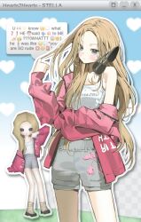  1girl animification arm_across_waist blonde_hair blue_background blue_eyes blue_shorts blush character_name cherry_print commentary copyright_name cowboy_shot denim denim_shorts emoji english_commentary food_print fruit_print hamchigi hand_up hearts2hearts highres jacket jacket_partially_removed k-pop long_hair pink_jacket print_shorts print_tank_top real_life rude!_(hearts2hearts) shirt shoes shorts solo stella_(hearts2hearts) tank_top text_messaging twirling_hair unworn_shoes very_long_hair white_shirt window_(computing) 