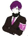  1boy armband black_gloves black_sweater brown_jacket collared_shirt colored_skin commentary crossed_arms gloves jacket lobotomy_corporation long_sleeves male_focus necktie project_moon purple_armband purple_hair purple_necktie ribbed_sweater shirt short_hair simple_background solo soraoni sweater turtleneck turtleneck_sweater upper_body white_background white_shirt white_skin yellow_eyes yesod_(project_moon) 