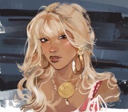  1girl absurdres black_eyeliner black_eyes black_eyeshadow blonde_hair blunt_bangs commentary dark-skinned_female dark_skin earrings eyeliner eyeshadow face_piercing freckles highres hoop_earrings jewelry kleinakuta long_hair looking_at_viewer makeup mascara necklace nose_piercing original parted_lips piercing solo 