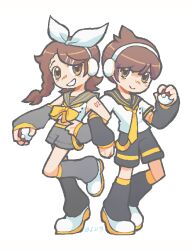  1boy 1girl belt blu3per brown_hair cosplay detached_sleeves florian_(pokemon) headphones highres juliana_(pokemon) kagamine_len kagamine_len_(cosplay) kagamine_rin kagamine_rin_(cosplay) neckerchief necktie number_tattoo poke_ball pokemon pokemon_scarlet_and_violet ribbon tattoo vocaloid white_ribbon yellow_belt yellow_eyes yellow_neckerchief yellow_necktie 