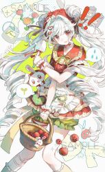  ! !! 1girl absurdres animal animal_charm animal_ear_hood animal_ears apple apron bag_charm bandaid bandaid_on_leg basket blood bow bowtie charm_(object) cloak clothed_animal collarbone collared_dress commission cross-laced_clothes cross-laced_dress detached_hood diamond_(shape) dot_nose double_bun dress drill_hair ear_covers eyes_visible_through_hair feet_out_of_frame floral_print food frilled_dress frilled_sailor_collar frilled_socks frilled_wrist_cuffs frills fruit green_background green_blood green_ribbon green_socks hair_bow hair_bun hair_ornament hair_through_hood hairclip halftone halftone_background heart heart_hair_ornament highres holding holding_basket holding_shovel hood hood_up hooded_cloak jiayi_binggan kneehighs knees light_blush long_hair mismatched_socks nervous open_mouth original pleated_dress pocket print_hood puffy_short_sleeves puffy_sleeves rabbit_charm rabbit_ears red_bow red_bowtie red_cloak red_dress red_eyes red_hood red_sailor_collar ribbon sailor_collar sample_watermark short_dress short_sleeves shovel signature single_stripe socks solo speech_bubble spill spoken_object sprout standing striped_bow twin_drills twintails two-tone_background very_long_hair waist_apron water_drop watering_can watermark wavy_mouth white_apron white_background white_hair white_rabbit_(animal) white_wrist_cuffs wrist_bow wrist_cuffs yellow_socks 