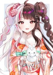  1girl ahoge black_hair bow bowtie braid commentary floral_print floral_print_kimono flower frilled_kimono frills fur-trimmed_kimono fur_trim gloves green_bow green_bowtie hair_flower hair_ornament holding_snowman japanese_clothes kimono long_hair long_sleeves mini_snowman multicolored_hair nijisanji open_mouth pink_flower print_kimono rabbit_hair_ornament re_u_d red_eyes red_hair sidelocks snowman solo split-color_hair streaked_hair twin_braids twitter_username untranslatable_commentary virtual_youtuber white_gloves white_hair wide_sleeves yorumi_rena 