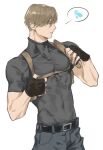  1boy absurdres adjusting_clothes brown_hair covered_abs curtained_hair fingerless_gloves gloves highres holster large_pectorals leon_s._kennedy male_focus muscular muscular_male naijarski pectorals resident_evil resident_evil_4 resident_evil_4_(remake) shirt short_hair shoulder_holster solo spoken_sweatdrop sweatdrop t-shirt tight_clothes tight_shirt turtleneck 