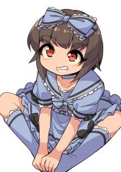  1boy ayumu_(fun_bo) black_bow blue_bow blue_bowtie blue_choker blue_dress blue_sailor_collar blue_socks bow bowtie brown_hair butterfly_sitting choker collarbone commentary crossdressing crossdressing_(mtf) dress dress_bow frilled_bow frilled_dress frilled_sailor_collar frilled_socks frills from_above fun_bo grin hair_bow hair_flaps hands_on_feet highres kneehighs large_bow lolita_fashion male_focus original puffy_short_sleeves puffy_sleeves red_eyes sailor_collar short_hair short_sleeves simple_background sitting sleeve_bow smile socks solo upturned_eyes white_background 