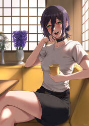  1girl :d absurdres black_choker black_shorts blush bouquet cafe chainsaw_man choker cup green_eyes grenade_pin hair_between_eyes hair_bun highres holding holding_cup indoors matomo medium_hair open_mouth purple_hair reze_(chainsaw_man) shirt shorts sitting smile solo table teeth vase white_shirt window 