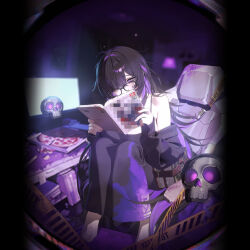  bags_under_eyes black_cardigan book cardigan censored chair colored_inner_hair crooked_eyewear dress floating_skull goddess_of_victory:_nikke highres holding holding_book kurt_bestor label_(nikke) long_hair mojyo mosaic_censoring multicolored_hair official_art on_chair pale_skin purple_streaks reading streaked_hair taut_clothes taut_dress 