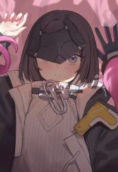  2girls absurdres arknights arknights:_endfield black_gloves black_hair black_jacket blush commentary endministrator_(arknights) eye_mask female_endministrator_(arknights) gloves grey_eyes grunel_(grunel_7979) highres jacket mask multiple_girls open_clothes open_jacket parted_lips pink_jacket pov short_hair sweater turtleneck turtleneck_sweater white_sweater yuri yvonne_(arknights) 