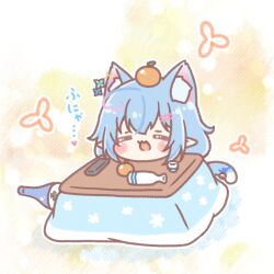  1girl :d ahoge animal_ear_fluff animal_ears bell blue_hair blush_stickers bottle cat_ears cat_girl cat_tail chibi choko_(cup) closed_eyes colored_shadow commentary_request controller cup facing_viewer food food_on_head fruit gradient_hair hair_ornament hairclip heart heart_ahoge highres hololive jingle_bell kotatsu mandarin_orange mitarashi_neko multicolored_hair object_on_head pink_hair pointy_ears remote_control shadow smile solo streaked_hair table tail tail_bell tail_ornament tokkuri translation_request virtual_youtuber yukihana_lamy 