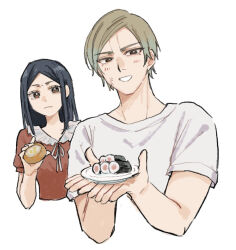  1boy 1girl black_hair brother_and_sister brown_eyes brown_hair commentary_request dogsred food highres holding holding_food holding_plate kamibukuro_ge long_hair makizushi plate red_shirt scar scar_on_cheek scar_on_face shirakawa_haruna shirakawa_rou shirt short_sleeves siblings sushi upper_body white_background white_shirt 