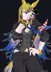  1girl absurdres american_flag american_flag_print animal_ears bandana_around_arm belt black_jacket black_pants blonde_hair blue_eyes blue_hair blue_nails breasts card collared_shirt commentary_request cowboy_shot ear_piercing flag_print highres holding holding_card horse_ears horse_girl horse_tail jacket jewelry jose_(joseeidossei) long_hair looking_at_viewer multicolored_hair obey_your_master_(umamusume) pants piercing shirt solo tail two-tone_hair umamusume umamusume:_cinderella_gray white_belt white_shirt 