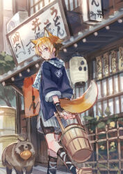 1girl :o animal animal_ears arms_behind_back bike_shorts bike_shorts_under_shorts black_gloves black_socks blonde_hair blue_shirt brown_sandals bucket commentary_request day double-parted_bangs feet_out_of_frame fox_ears fox_girl fox_tail geta gloves grey_shorts hair_between_eyes highres holding holding_bucket kneehighs lantern long_sleeves open_mouth original outdoors pink_eyes sandals shirt short_hair shorts socks solo standing suzaku_(zaku6584) tail tanuki wooden_bucket 