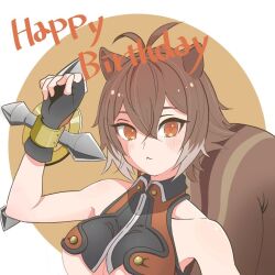  1girl 2gidfam6fq7045 animal_ears antenna_hair blazblue blazblue:_continuum_shift breasts brown_background brown_eyes brown_hair crop_top crossed_bangs double-parted_bangs english_text fingerless_gloves gloves hair_between_eyes happy_birthday holding holding_weapon large_breasts looking_at_viewer makoto_nanaya revealing_clothes simple_background solo squirrel_ears squirrel_girl tonfa two-tone_background under_boob upper_body weapon white_background 
