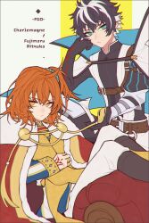  1boy 1girl ahoge aiguillette belt black_gloves black_hair black_shirt blue_cape blue_scrunchie blue_shirt brown_belt cape character_name charlemagne_(fate) charlemagne_(first_ascension)_(fate) cloak closed_mouth command_spell commentary_request copyright_name elbow_gloves fate/grand_order fate_(series) fujimaru_ritsuka_(female) fujimaru_ritsuka_(female)_(imperial_robe) fur-trimmed_cloak fur_trim gloves gold_ring green_eyes hair_between_eyes hair_ornament hair_scrunchie hand_tattoo head_rest highres iralion jewelry long_sleeves looking_at_viewer medium_hair multicolored_hair multicolored_shirt multiple_rings orange_hair pants red_cloak ring scrunchie shirt short_hair side_ponytail single_vambrace slit_pupils tattoo two-sided_cape two-sided_fabric vambraces white_cape white_hair white_pants white_shirt yellow_eyes 