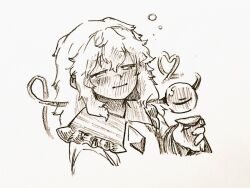  1girl buttons closed_mouth collared_shirt commentary_request cup diamond_button drunk eyeball frilled_shirt_collar frills heart heart_of_string holding holding_cup komeiji_koishi long_hair long_sleeves menotama missing_headwear multi-source_commentary shirt solo squeans third_eye touhou traditional_media upper_body wide_sleeves 