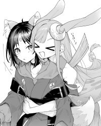  2girls animal_ears aura cho_kaguya-hime! choker commentary_request fox_ears fox_girl fox_tail greyscale highres hood hoodie hug hug_from_behind kaguya_(cho_kaguya-hime!) long_hair medium_hair monochrome multiple_girls note_note0408 open_mouth rabbit_ears rabbit_girl sakayori_iroha simple_background tail white_background yuri 