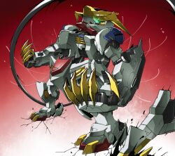  cable chibi claws gamiani_zero glowing glowing_eyes green_eyes gundam gundam_barbatos_lupus_rex gundam_tekketsu_no_orphans mecha mecha_focus mechanical_tail mobile_suit no_humans open_hand robot science_fiction solo tail v-fin 