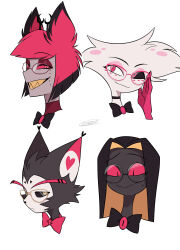  4boys :d absurdres adjusting_eyewear alastor_(hazbin_hotel) angel_dust animal_ears animal_nose antenna_hair antlers bespectacled black-framed_eyewear black_bow black_bowtie black_choker black_eyes black_fur black_hair black_sclera black_skin blonde_hair bob_cut bow bowtie brooch brown-framed_eyewear cat_boy choker closed_mouth colored_inner_hair colored_sclera colored_skin colored_teeth colored_tips commentary_request cropped_head curtained_hair deer_antlers deer_boy deer_ears eyeshadow facial_mark fewer_digits frown furry furry_male glasses gloves grey_skin grin half-closed_eyes hand_up hazbin_hotel heart hellaverse highres horns husk_(hazbin_hotel) inverted_bob jewelry jitome long_eyebrows long_hair makeup male_focus menma_(enaic31) mismatched_sclera missing_headwear multicolored_hair multiple_boys pink-tinted_eyewear pink_eyes pink_eyeshadow pink_gloves raised_inner_eyebrows red-framed_eyewear red_bow red_bowtie red_eyes red_eyeshadow red_hair red_sclera red_shirt round_eyewear sharp_teeth shirt short_hair sideways_glance sideways_mouth signature simple_background sir_pentious smile straight_hair sweatdrop swept_bangs teeth tinted_eyewear traditional_bowtie turtleneck turtleneck_shirt two-tone_hair white_background white_fur yellow_eyes yellow_teeth 