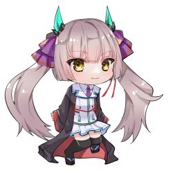  1girl black_robe black_thighhighs blunt_bangs blunt_ends blush brown_hair closed_mouth collared_shirt commentary_request eyes_visible_through_hair fake_horns full_body hair_ribbon heaven_burns_red highres hime_cut horns long_hair long_sleeves looking_at_viewer miniskirt neck_ribbon ogasahara_hisame open_clothes open_robe pleated_skirt purple_ribbon red_ribbon ribbon rin_0101010 robe sandals shirt sidelocks simple_background skirt smile solo standing thigh-highs transparent_background twintails very_long_hair white_shirt white_skirt wide_sleeves yellow_eyes zettai_ryouiki zouri 