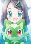  1girl :d black_hair blush commentary_request eyelashes green_eyes green_jacket hair_ornament hairclip happy highres jacket katsuonoeboebo liko_(pokemon) looking_at_viewer open_mouth pokemon pokemon_(anime) pokemon_(creature) pokemon_horizons smile sparkle sprigatito upper_body 