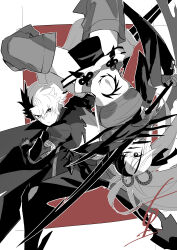  1boy 1girl absurdres alternate_costume alternate_form amejuuri/terunomiya clothing_cutout commentary_request fighting_stance highres karukaya_gekka long_hair monochrome multicolored_hair nue_no_onmyouji parted_bangs pelvic_curtain sarashi serious short_hair stomach_tattoo tattoo two-tone_hair yajima_gakuro 