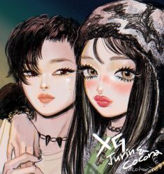  1girl 1other androgynous arm_around_shoulder black_hair black_hat black_jacket blush brown_eyes character_name cocona_(xg) copyright_name expressionless eyelashes face_piercing green_shirt hat highres holding_hands jacket jurin_(xg) long_hair looking_at_another looking_at_viewer mole mole_on_cheek mole_under_mouth nicoharico nose_piercing piercing portrait real_life septum_piercing shirt short_hair xg_(group) yellow_shirt 