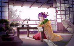  1girl :d absurdres bing_guo bonsai bow calligraphy_brush commentary_request elbow_rest frilled_kimono frills green_kimono hair_bow hair_ornament hakama hakama_skirt hand_up hands_up hieda_no_akyuu highres holding holding_calligraphy_brush holding_paintbrush indoors japanese_clothes kimono lantern looking_at_viewer off_shoulder oil-paper_umbrella open_mouth paintbrush purple_hair red_bow red_skirt scroll seiza short_hair sitting skirt smile solo table tassel tassel_hair_ornament teeth touhou tree umbrella upper_teeth_only violet_eyes wide_shot 
