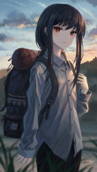  1girl absurdres backpack bag bag_charm black_hair black_pants blue_sky blurry blurry_foreground buttons charm_(object) closed_mouth clouds cloudy_sky collared_shirt commentary_request grass grey_shirt highres light_blush long_hair long_sidelocks long_sleeves looking_at_viewer orange_sky outdoors pants ram-a red_eyes shima_rin shirt sidelocks sky solo standing upper_body yurucamp 