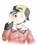  1boy asuka_rkgk backwards_hat baseball_cap black_hair black_shirt collarbone commentary_request ethan_(pokemon) grey_eyes hand_up hat jacket long_sleeves looking_at_viewer male_focus ok_sign one_eye_closed pokemon pokemon_(game) pokemon_hgss red_jacket shirt short_hair simple_background smile solo upper_body white_background zipper_pull_tab 