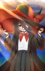  1girl absurdres ak_kes animal_ears black_hair black_hat black_robe black_skirt bow bowtie crossed_bangs ears_down frown gloves hand_on_own_hat hands_up hat hat_bow highres horse_ears long_hair long_sleeves manhattan_cafe_(umamusume) open_clothes open_robe oversized_hat parted_lips pleated_skirt red_bow red_bowtie robe shirt shirt_tucked_in skirt solo two-sided_fabric umamusume white_shirt witch_hat yellow_eyes 