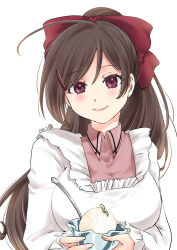  1girl absurdres ahoge apron blush bow breasts brown_eyes brown_hair collared_shirt cup food glass hair_ornament hair_ribbon hairclip half_updo highres holding holding_food holding_ice_cream ice_cream kantai_collection kappougi large_breasts long_hair looking_at_viewer mamiya_(kancolle) matsuura@parao one-hour_drawing_challenge pink_shirt ponytail red_eyes ribbon school_uniform shirt simple_background smile solo upper_body white_background 
