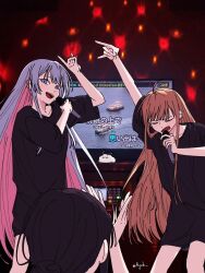  3girls a_jak ahoge arm_up black_hair black_shirt blonde_hair blue_eyes boat brown_hair cho_kaguya-hime! clapping closed_eyes colored_inner_hair english_text fox_shadow_puppet fushi_(cho_kaguya-hime!) grey_hair hair_bun highres holding holding_microphone kaguya_(cho_kaguya-hime!) karaoke karaoke_box long_hair long_shirt microphone multicolored_hair multiple_girls music open_mouth photo_background pink_hair runami_yachiyo sakayori_iroha shirt short_sleeves sidelocks singing single_hair_bun smile teeth translation_request twitter_username upper_teeth_only very_long_hair watercraft white_hair 