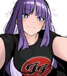  1girl alternate_costume altina_(fire_emblem) black_shirt blue_eyes breasts collarbone contemporary english_commentary fire_emblem fire_emblem:_radiant_dawn fire_emblem_heroes foo_fighters_(band) heart highres large_breasts long_hair looking_at_viewer pov purple_hair shirt short_sleeves simple_background smile solo tavi_(hosheezus) very_long_hair white_background 