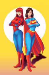 2girls absurdres animal_print ass back-to-back blue_bodysuit bodysuit boots breasts brown_hair cape choppy_bangs cosplay crossed_arms dc_comics eyelashes full_body green_eyes highres large_breasts lois_lane long_hair long_legs looking_at_viewer marvel mary_jane_watson medium_hair multicolored_bodysuit multiple_girls narrow_waist parted_bangs print_bodysuit purple_lips red_bodysuit red_boots red_cape red_hair red_lips shadow simple_background slim_legs spider-man spider-man_(cosplay) spider-man_(series) spider_print spider_web_print standing superhero_costume superman superman_(cosplay) superman_(series) superman_logo the_dazu two-tone_bodysuit violet_eyes 