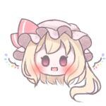  1girl :d blonde_hair blush chibi flandre_scarlet hat head_only looking_at_viewer mitama311 mob_cap one_side_up open_mouth red_eyes short_hair simple_background smile solo touhou white_background wings 