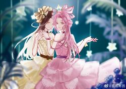  absurdres bare_arms bare_shoulders black_choker blue_crown blue_flower bow brown_bow brown_eyes brown_hair bukun_ye_keyishui choker closed_mouth colorful_cake_tower_(shining_nikki) crown cupcake dancing dress dual_persona eyelashes flower food food-themed_hat forehead gold_crown gown hair_bun hat hat_bow heads_together highres holding_hands interlocked_fingers lace-trimmed_dress lace_trim large_bow lipstick long_dress long_hair looking_at_viewer looking_back makeup mini_crown night nikki_(series) official_alternate_color open_mouth outdoors palm_tree pink_bow pink_dress pink_hair pink_lips shining_nikki single_side_bun sleeveless sleeveless_dress smile star_(symbol) teeth tree very_long_hair waist_bow watermark weibo_watermark wrist_bow yellow_dress yellow_eyes yellow_hat yuri 