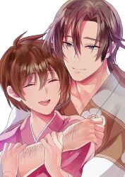  1boy 1girl aged_down arm_hair black_eyes black_hair brown_hair brown_kimono commentary_request hands_on_another's_arm hands_up happy highres hug hug_from_behind husband_and_wife japanese_clothes kimono oda_kichou oda_nobunaga_(rance) open_mouth pink_kimono rance_(series) sawai_fuyu sengoku_rance short_hair simple_background smile teeth upper_teeth_only white_background 