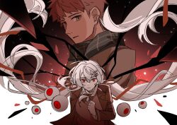  alternate_universe breasts brown_vest emiya_shirou fate/stay_night fate_(series) gaoyue_jixiang hair_ribbon highres homurabara_academy_school_uniform long_hair neck_ribbon oc_x_canon official_art_inset orange_hair original print_ribbon red_eyes red_ribbon ribbon schol school_uniform shirt undone_neck_ribbon vest white_hair white_shirt yumejoshi 
