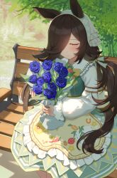  1girl animal_ears apron bench blush bouquet breasts brown_hair closed_eyes closed_mouth commentary_request dress enddada flower green_dress hair_over_one_eye highres holding holding_bouquet horse_ears horse_girl horse_tail long_hair long_sleeves official_alternate_costume official_alternate_hairstyle on_bench outdoors park_bench print_apron puritan_collar rice_shower_(umamusume) rice_shower_(yummy_dreamy_fairy)_(umamusume) sitting small_breasts smile solo tail twintails umamusume white_sleeves wooden_bench 