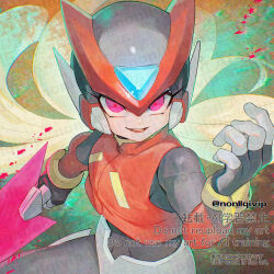  1boy armor blonde_hair cowboy_shot energy_sword floating_hair forehead_jewel glowing glowing_eyes helmet holding holding_sword holding_weapon long_hair male_focus mega_man_(series) mega_man_zero_(series) mega_man_zero_3 omega_(mega_man) red_armor red_helmet solo sword twitter_username violet_eyes weapon yamanashi_taiki 