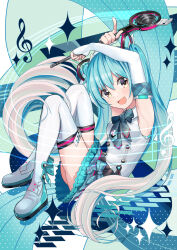  1girl absurdres aqua_bow aqua_eyes aqua_hair aqua_nails armpits arms_up bow breasts commentary_request detached_sleeves dress hair_between_eyes hair_ornament hatsune_miku highres holding holding_microphone_stand long_hair long_sleeves magical_mirai_(vocaloid) magical_mirai_miku magical_mirai_miku_(2017) medium_breasts microphone_stand musical_note official_alternate_costume open_mouth sleeveless sleeveless_dress small_breasts smile solo thigh-highs twintails vocaloid yellow_eyes yumi_(milomonkey) zettai_ryouiki 