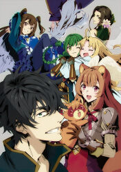  2boys 6+girls :d ;) ^_^ ahoge animal_ear_fluff animal_ears aqua_dress arm_up armor bird_girl bird_wings black_dress black_hair black_shirt blonde_hair blue_dress blunt_bangs blush_stickers braid brown_dress brown_eyes brown_gloves brown_hair brown_trim chris_(tate_no_yuusha_no_nariagari) closed_eyes closed_mouth coat collared_dress collared_shirt commentary_request double-parted_bangs dress elbow_gloves ethnina_kyo_(tate_no_yuusha_no_nariagari) feathered_wings filo_(tate_no_yuusha_no_nariagari) flower from_behind glasses gloves green_dress green_eyes green_hair grey_armor grey_background grey_gloves grin hair_between_eyes hair_flower hair_ornament hair_tubes high_collar highres hug hug_from_behind iwatani_naofumi kazayama_kizuna long_hair long_sidelocks long_sleeves looking_at_viewer messy_hair metal_arm_cuffs metal_wrist_cuffs multicolored_dress multicolored_gloves multiple_boys multiple_girls neck_ribbon official_art one_eye_closed open_collar open_mouth ost_horai pauldrons pink_eyes pink_flower pinstripe_dress pinstripe_pattern purple_coat raccoon_ears raccoon_girl raccoon_tail raph-chan raphtalia red_dress red_ribbon ribbon rishia_ivyred second-party_source shirt short_hair shoulder_armor sidelocks simple_background sleeveless sleeveless_dress smile spanish_commentary straight_hair suwa_masahiro tail tanuki tate_no_yuusha_no_nariagari turtleneck turtleneck_dress twin_braids two-tone_dress two-tone_gloves two_side_up upside-down water_lily_flower white_dress white_hair white_wings wings 