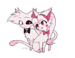  :3 :d angel_dust animal animalization black_bow black_bowtie black_choker black_sclera bow bowtie brother_and_sister brown_eyes cat choker circle_facial_mark closed_mouth colored_sclera commentary_request eye_contact facial_mark flat_color gradient_eyes hairband hazbin_hotel heart hellaverse highres horns looking_at_another looking_back menma_(enaic31) mismatched_sclera molly_(hazbin_hotel) multicolored_eyes open_mouth pink_bow pink_bowtie pink_eyes pink_hairband siblings signature simple_background smile tareme tongue traditional_bowtie twins two-tone_eyes white_background white_cat 